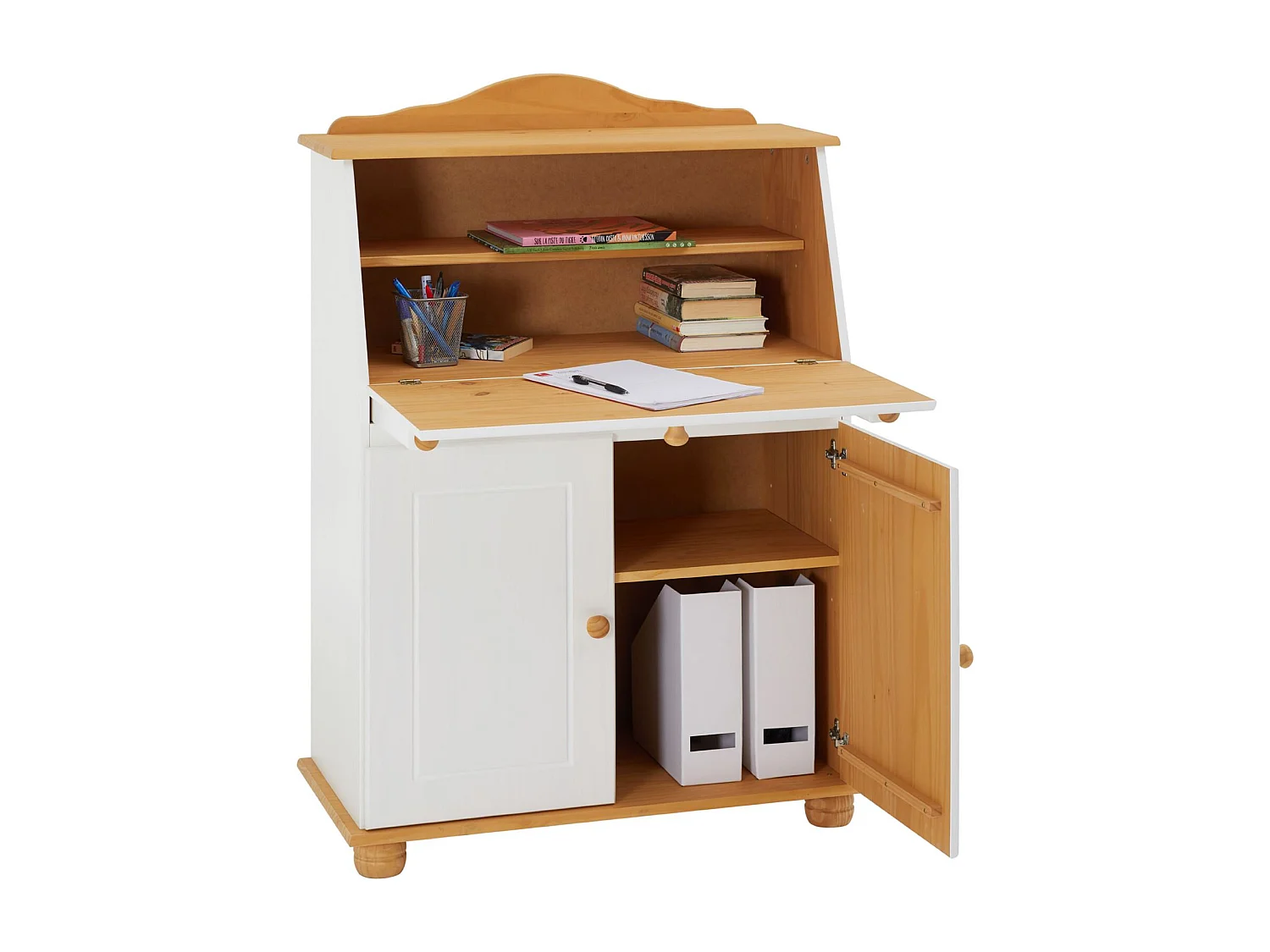 Bureau secrétaire DAVID avec abattant rangement plusieurs étagères 2 portes plan de travail rabattable, en pin massif blanc et brun