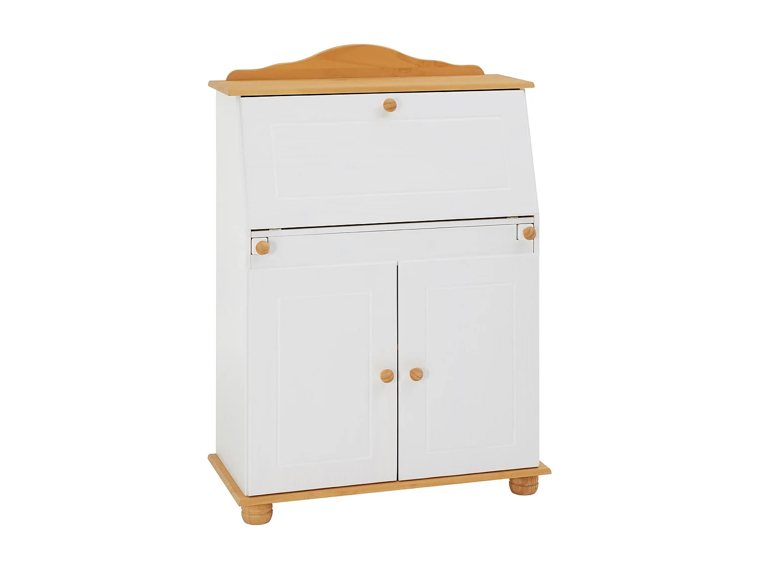 Bureau secrétaire DAVID avec abattant rangement plusieurs étagères 2 portes plan de travail rabattable, en pin massif blanc et brun