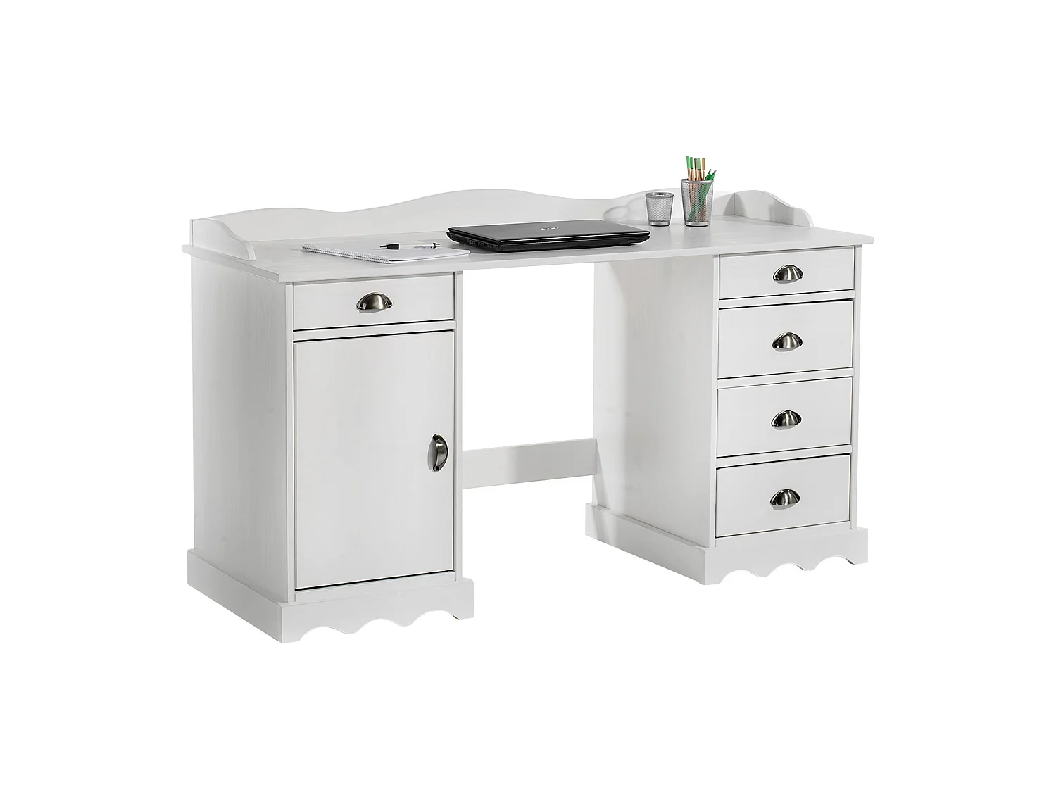 Bureau SANDRINE multi rangements 5 tiroirs et 1 placard avec corniche en pin massif lasuré blanc