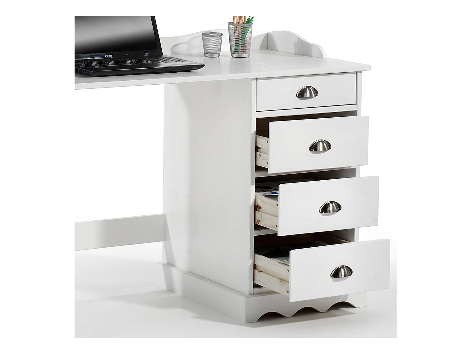 Bureau SANDRINE multi rangements 5 tiroirs et 1 placard avec corniche en pin massif lasuré blanc