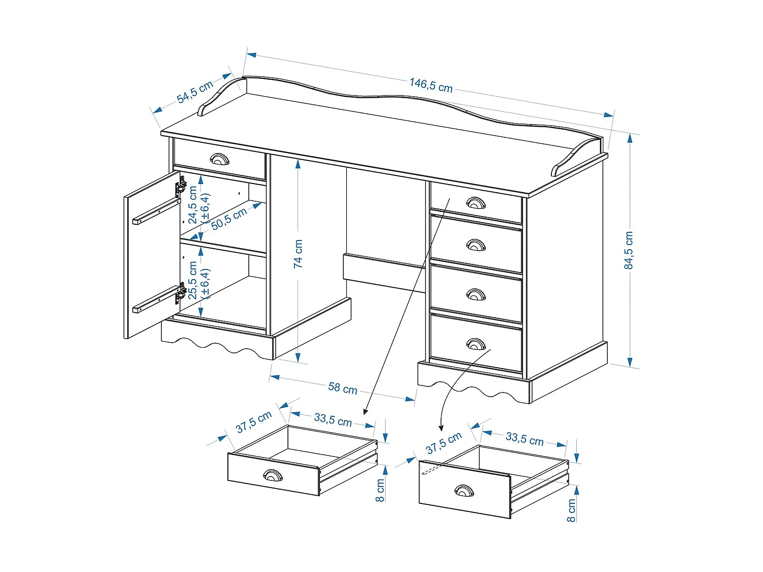 Bureau SANDRINE multi rangements 5 tiroirs et 1 placard avec corniche en pin massif lasuré blanc