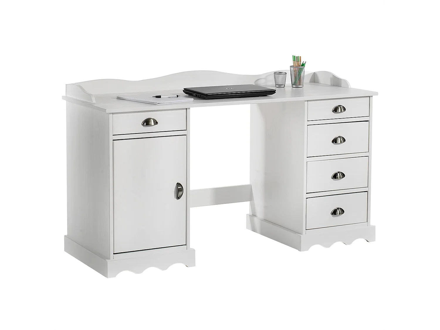 Bureau SANDRINE multi rangements 5 tiroirs et 1 placard avec corniche en pin massif lasuré blanc