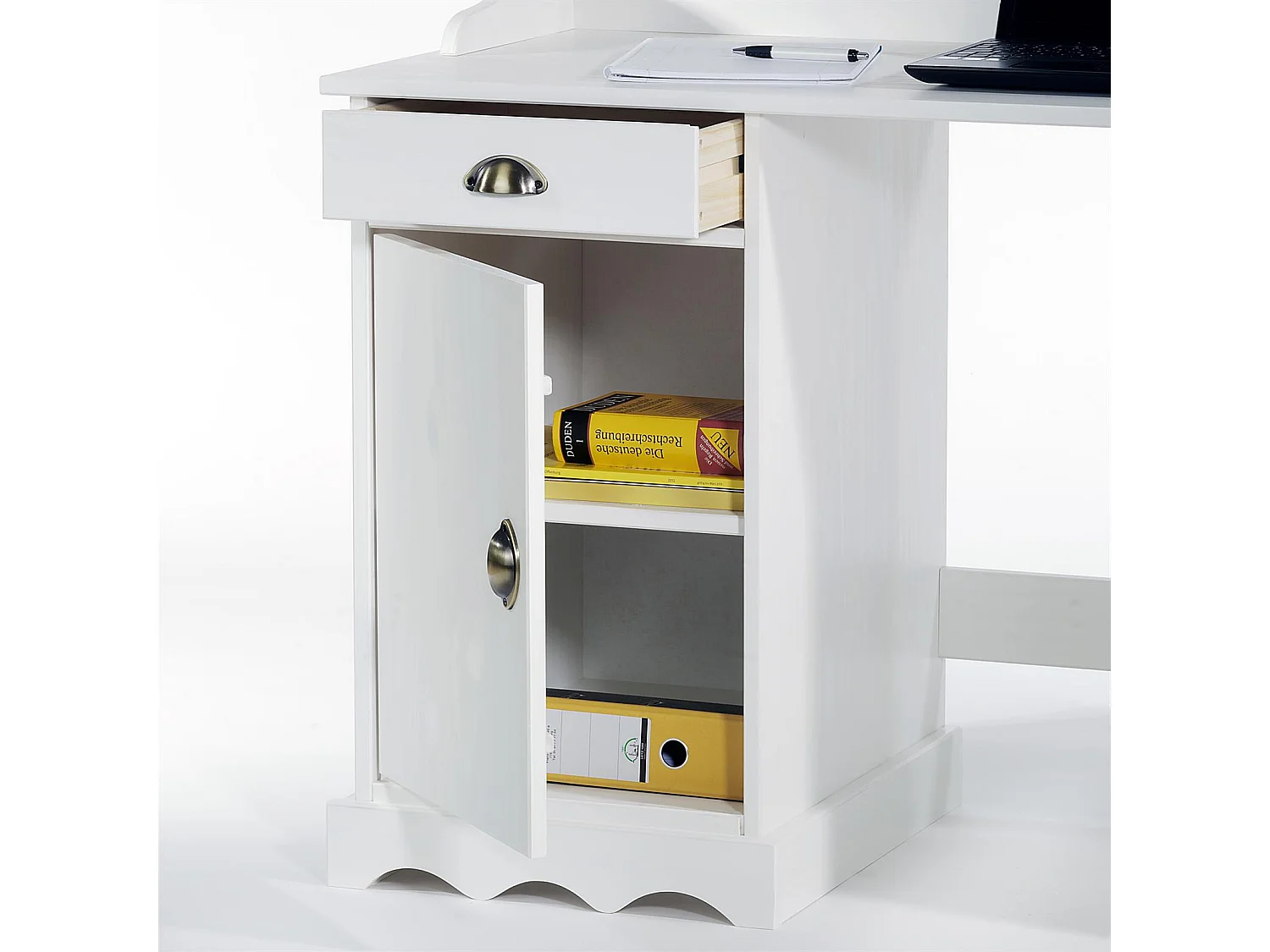 Bureau SANDRINE multi rangements 5 tiroirs et 1 placard avec corniche en pin massif lasuré blanc