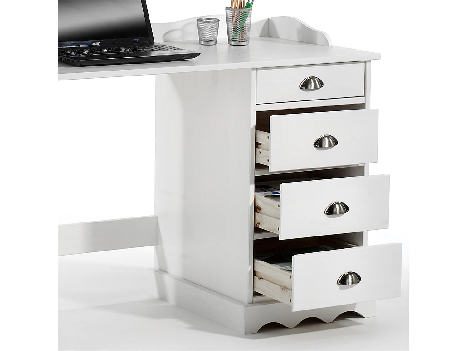 Bureau SANDRINE multi rangements 5 tiroirs et 1 placard avec corniche en pin massif lasuré blanc