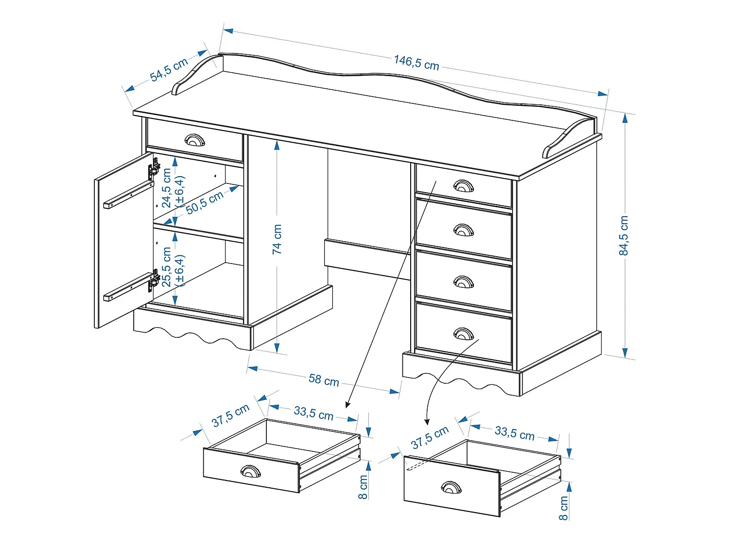 Bureau SANDRINE multi rangements 5 tiroirs et 1 placard avec corniche en pin massif lasuré blanc