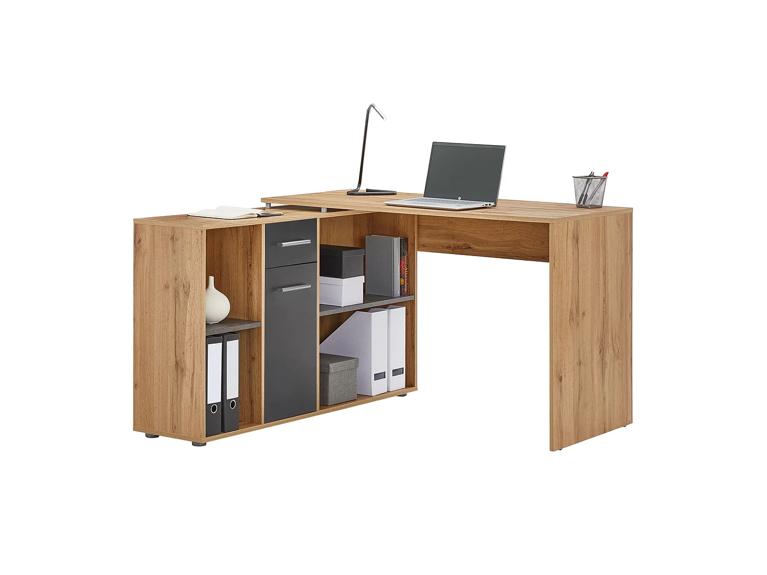 Bureau d'angle CARMEN table meuble de rangement intégré et modulable 4 étagères 1 porte et 1 tiroir, décor chêne sauvage/béton foncé