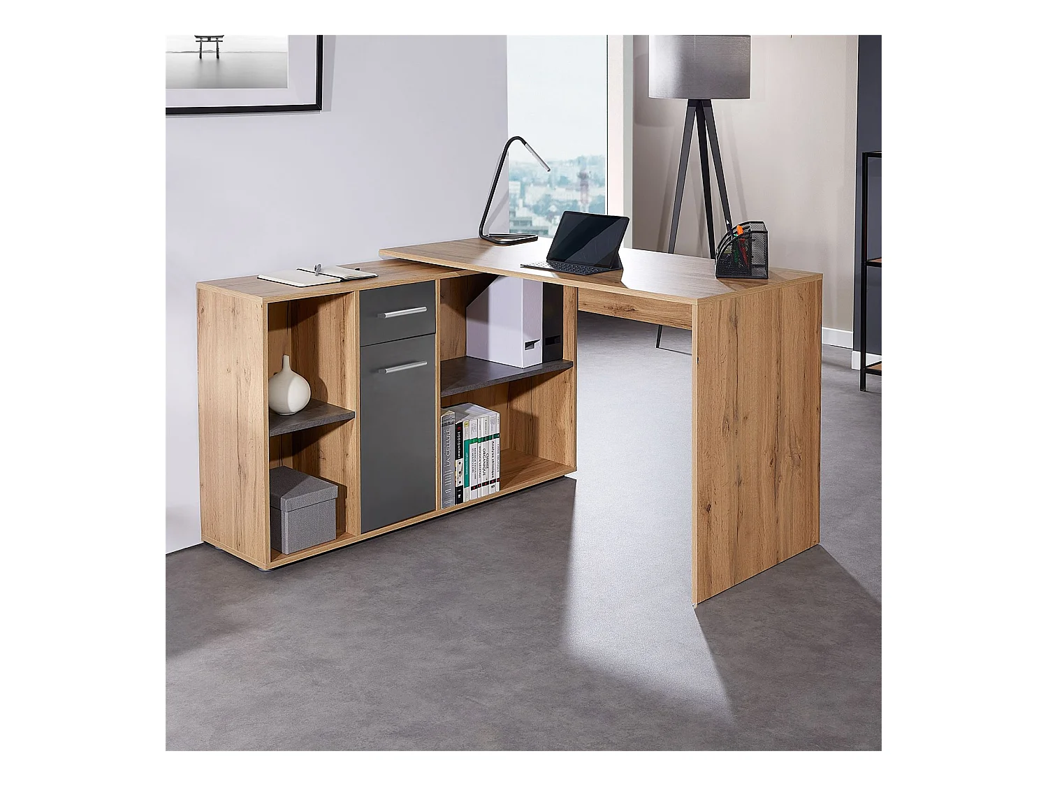 Bureau d'angle CARMEN table meuble de rangement intégré et modulable 4 étagères 1 porte et 1 tiroir, décor chêne sauvage/béton foncé
