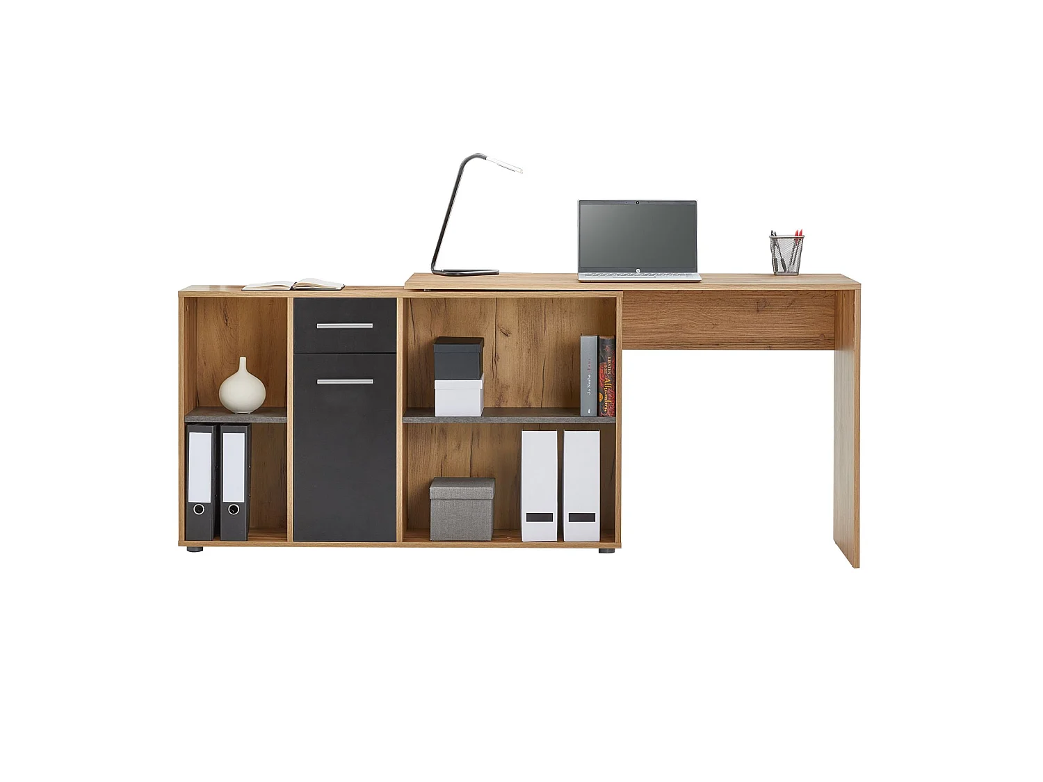 Bureau d'angle CARMEN table meuble de rangement intégré et modulable 4 étagères 1 porte et 1 tiroir, décor chêne sauvage/béton foncé