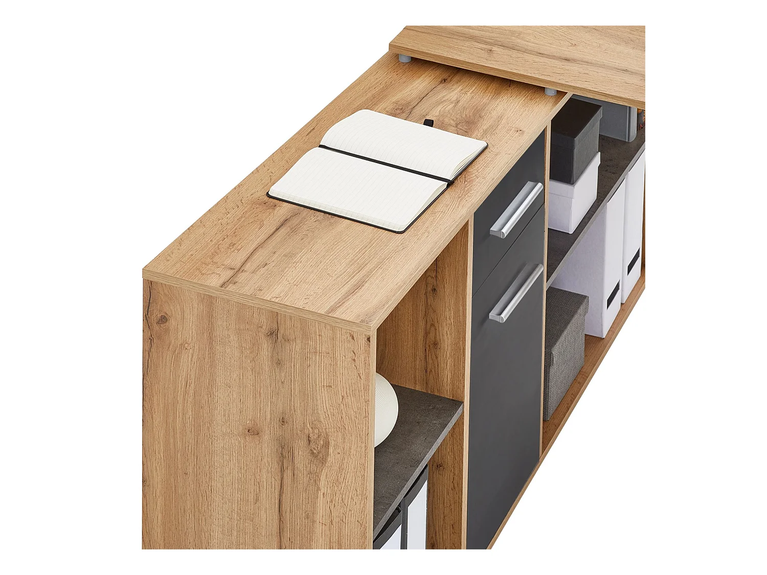 Bureau d'angle CARMEN table meuble de rangement intégré et modulable 4 étagères 1 porte et 1 tiroir, décor chêne sauvage/béton foncé