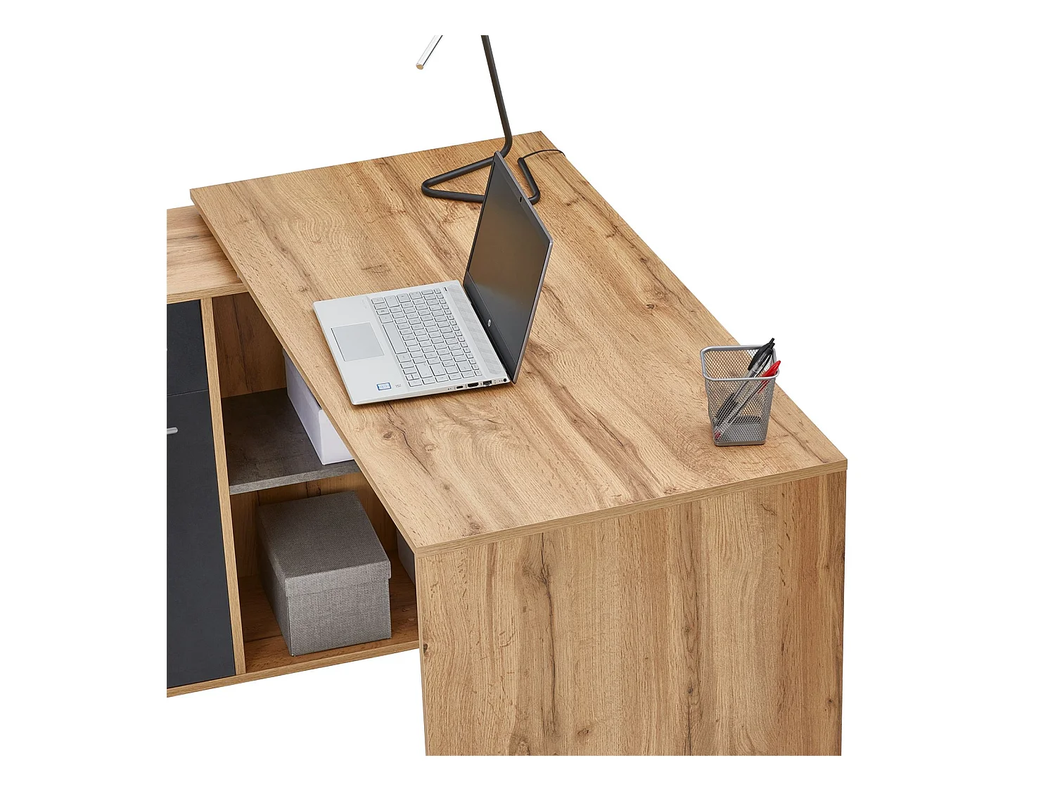 Bureau d'angle CARMEN table meuble de rangement intégré et modulable 4 étagères 1 porte et 1 tiroir, décor chêne sauvage/béton foncé