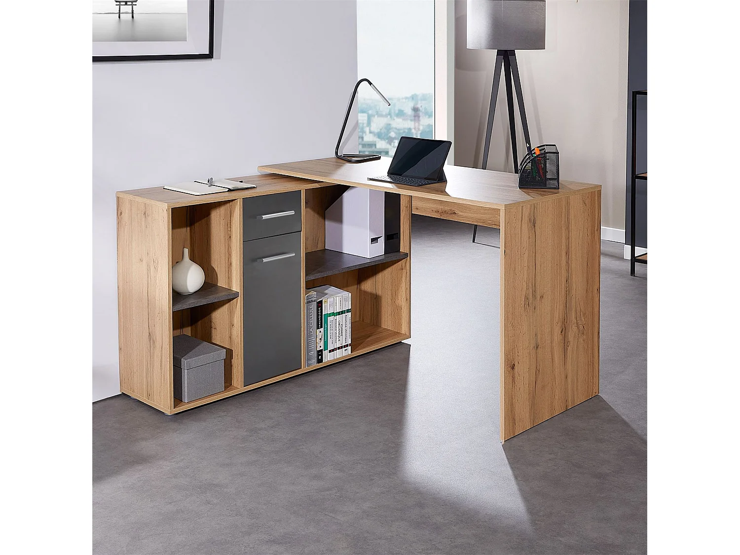 Bureau d'angle CARMEN table meuble de rangement intégré et modulable 4 étagères 1 porte et 1 tiroir, décor chêne sauvage/béton foncé