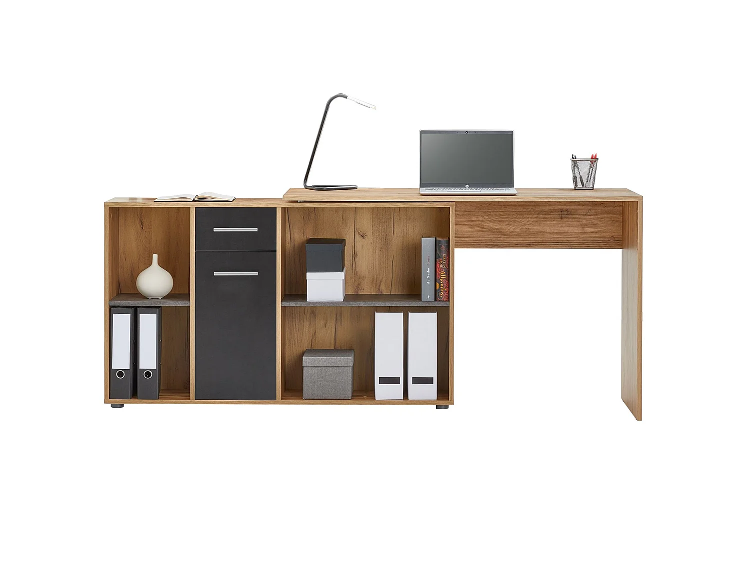 Bureau d'angle CARMEN table meuble de rangement intégré et modulable 4 étagères 1 porte et 1 tiroir, décor chêne sauvage/béton foncé