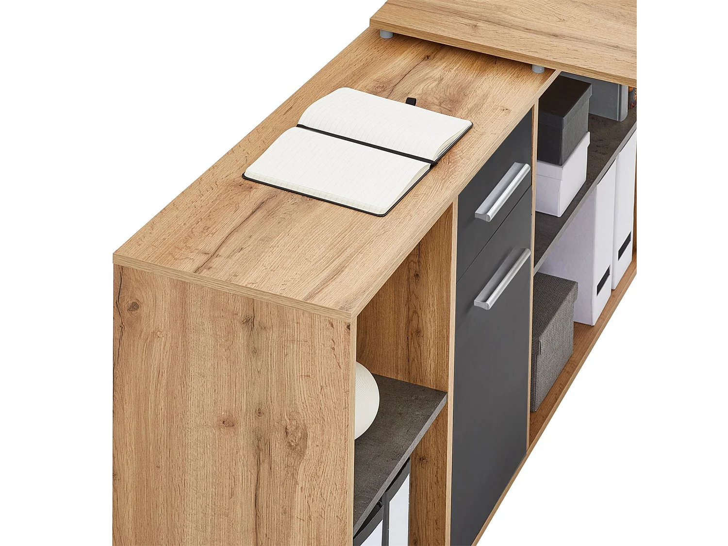 Bureau d'angle CARMEN table meuble de rangement intégré et modulable 4 étagères 1 porte et 1 tiroir, décor chêne sauvage/béton foncé
