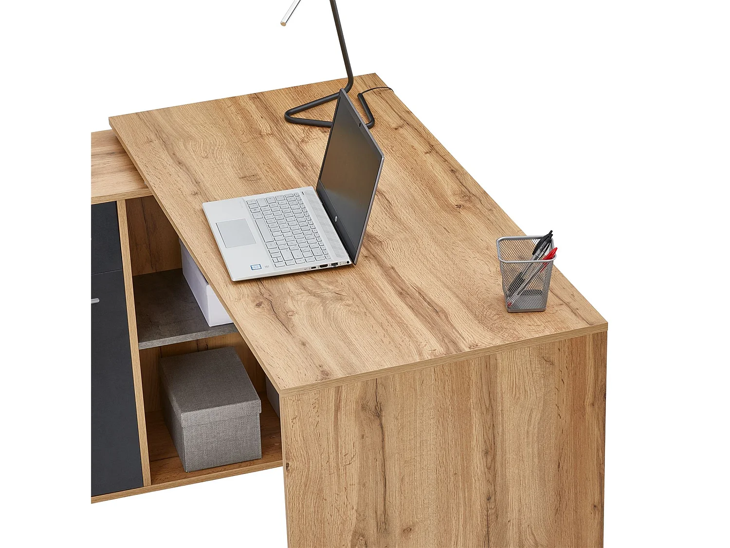 Bureau d'angle CARMEN table meuble de rangement intégré et modulable 4 étagères 1 porte et 1 tiroir, décor chêne sauvage/béton foncé