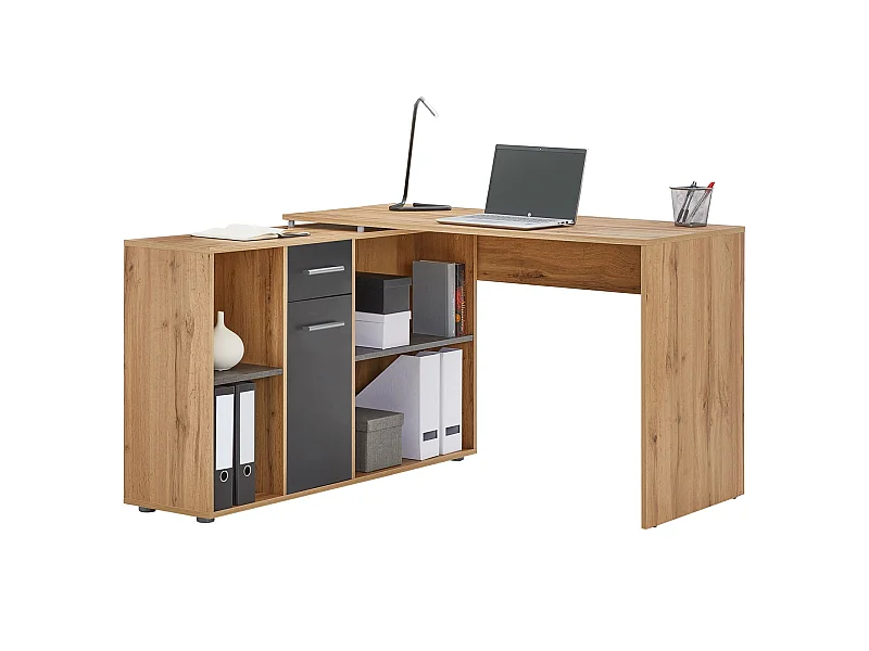 Bureau d'angle CARMEN table meuble de rangement intégré et modulable 4 étagères 1 porte et 1 tiroir, décor chêne sauvage/béton foncé