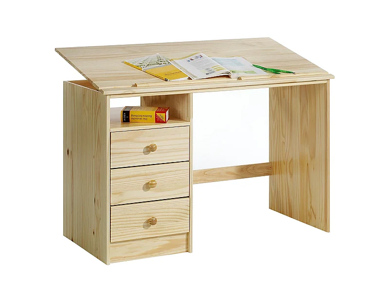 Bureau enfant écolier junior KEVIN pupitre inclinable avec 3 tiroirs 1 casier en pin massif vernis naturel