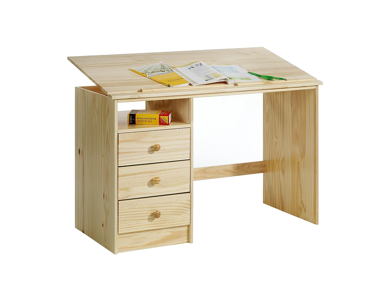 Bureau enfant écolier junior KEVIN pupitre inclinable avec 3 tiroirs 1 casier en pin massif vernis naturel