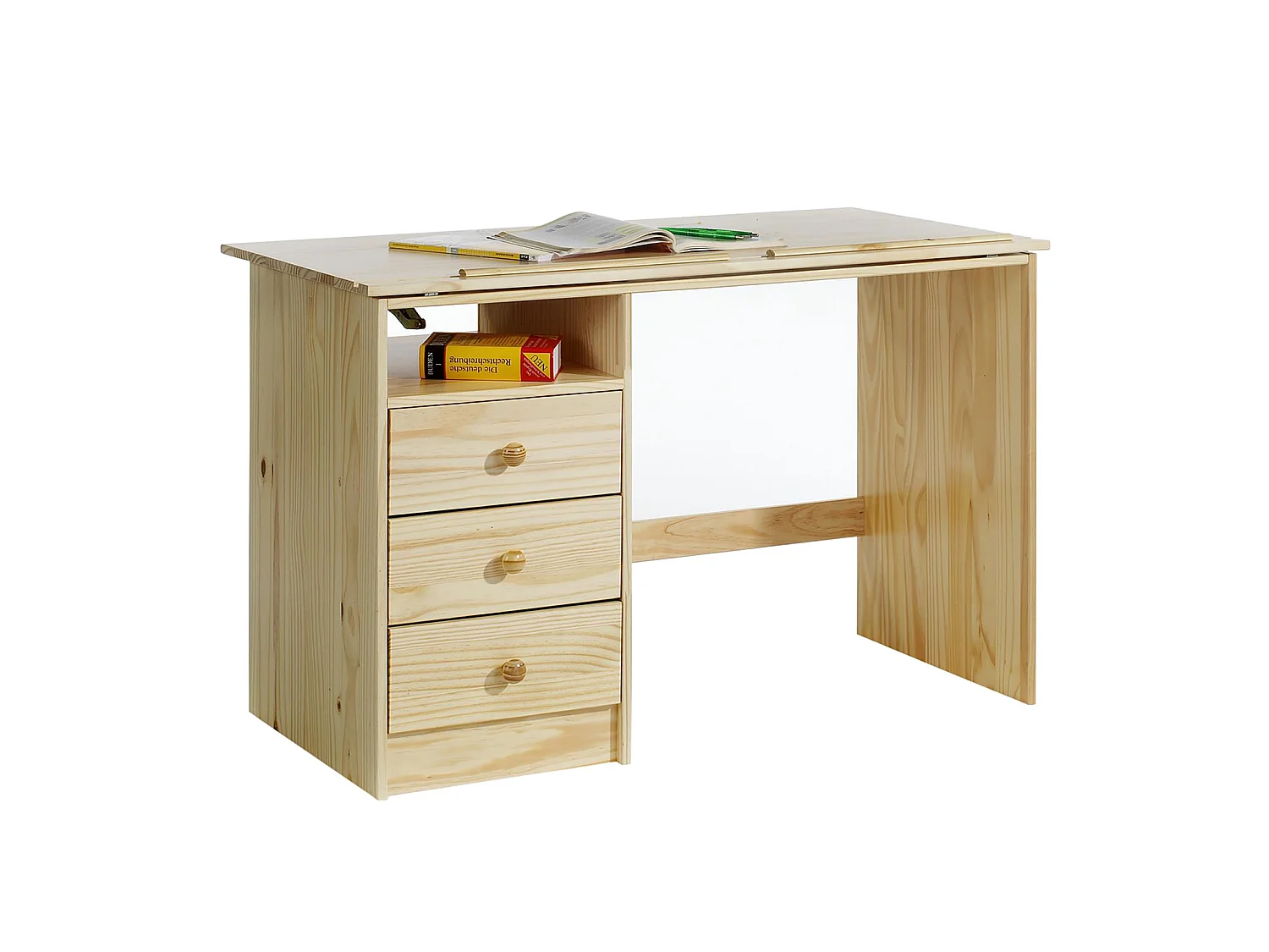 Bureau enfant écolier junior KEVIN pupitre inclinable avec 3 tiroirs 1 casier en pin massif vernis naturel