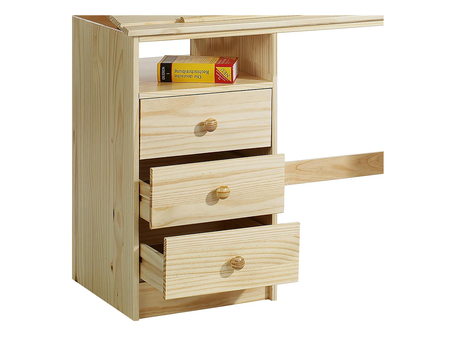 Bureau enfant écolier junior KEVIN pupitre inclinable avec 3 tiroirs 1 casier en pin massif vernis naturel