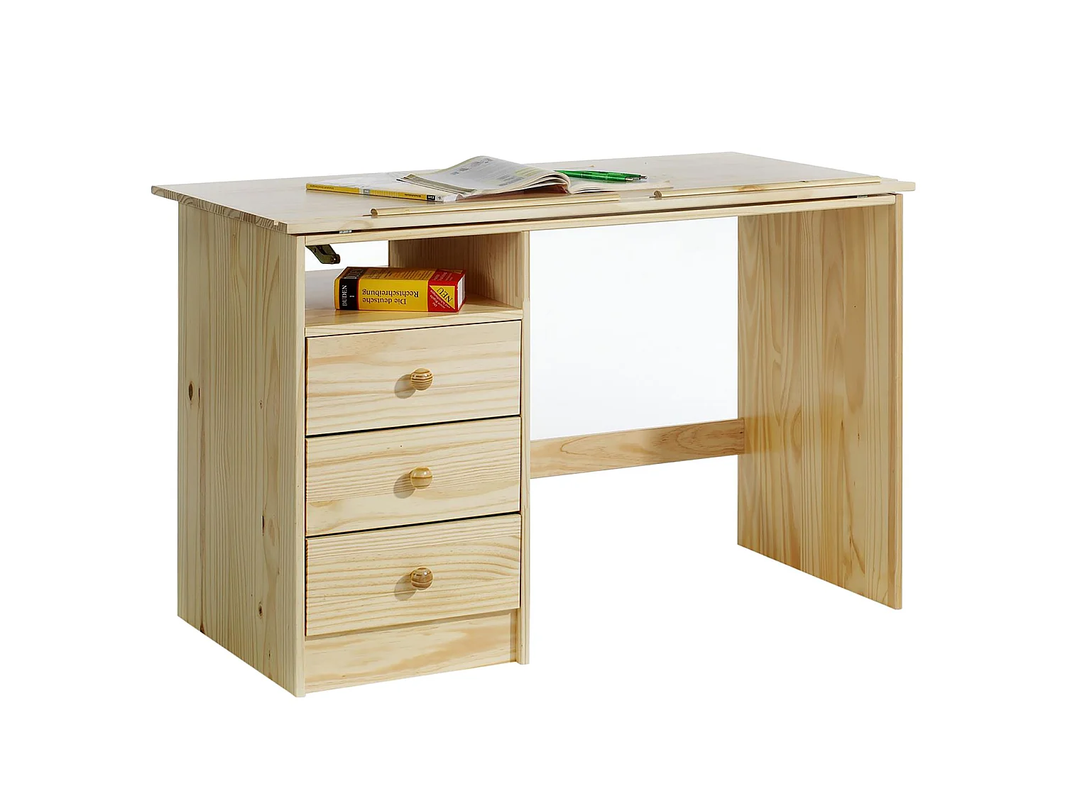 Bureau enfant écolier junior KEVIN pupitre inclinable avec 3 tiroirs 1 casier en pin massif vernis naturel