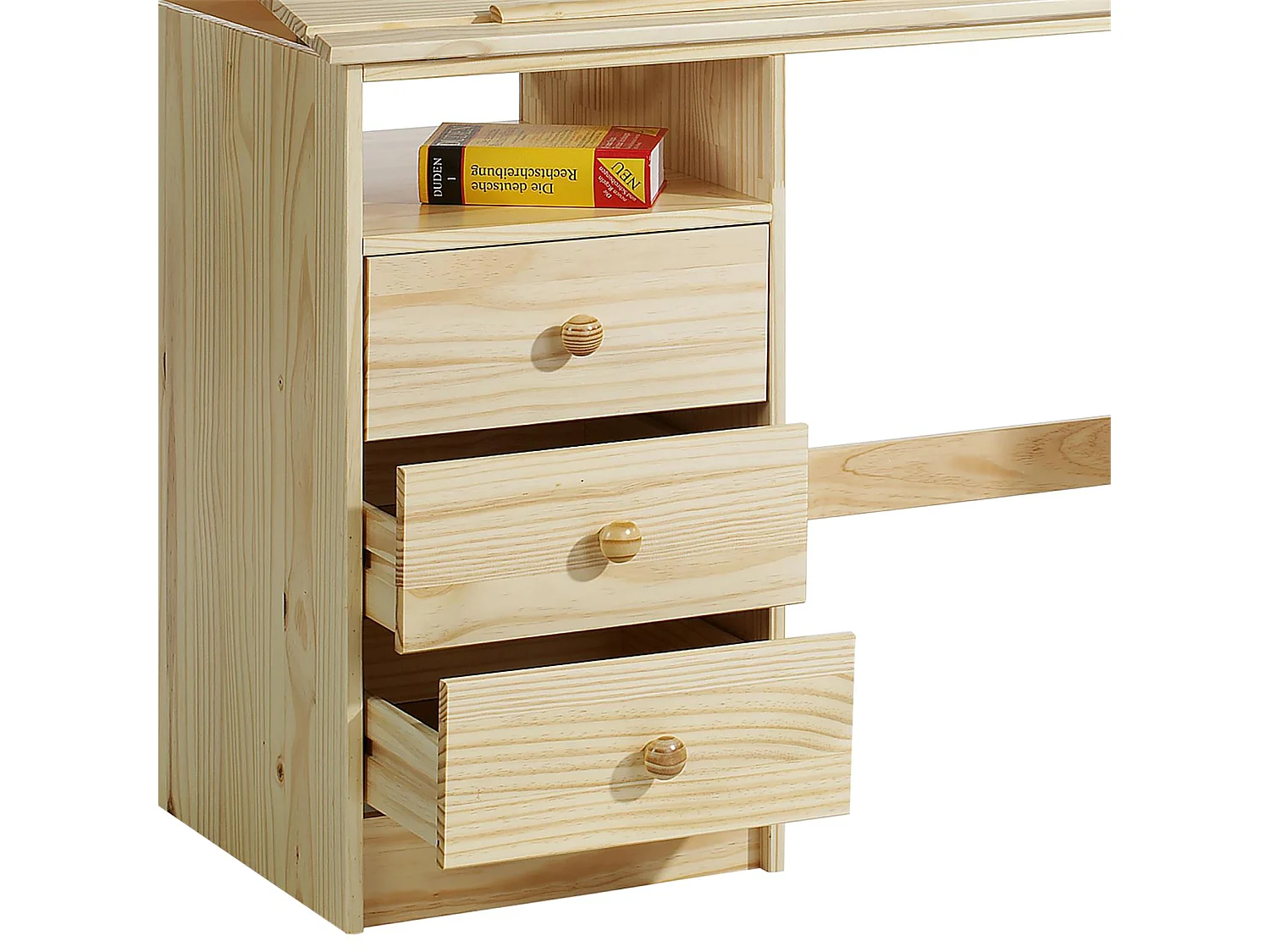 Bureau enfant écolier junior KEVIN pupitre inclinable avec 3 tiroirs 1 casier en pin massif vernis naturel