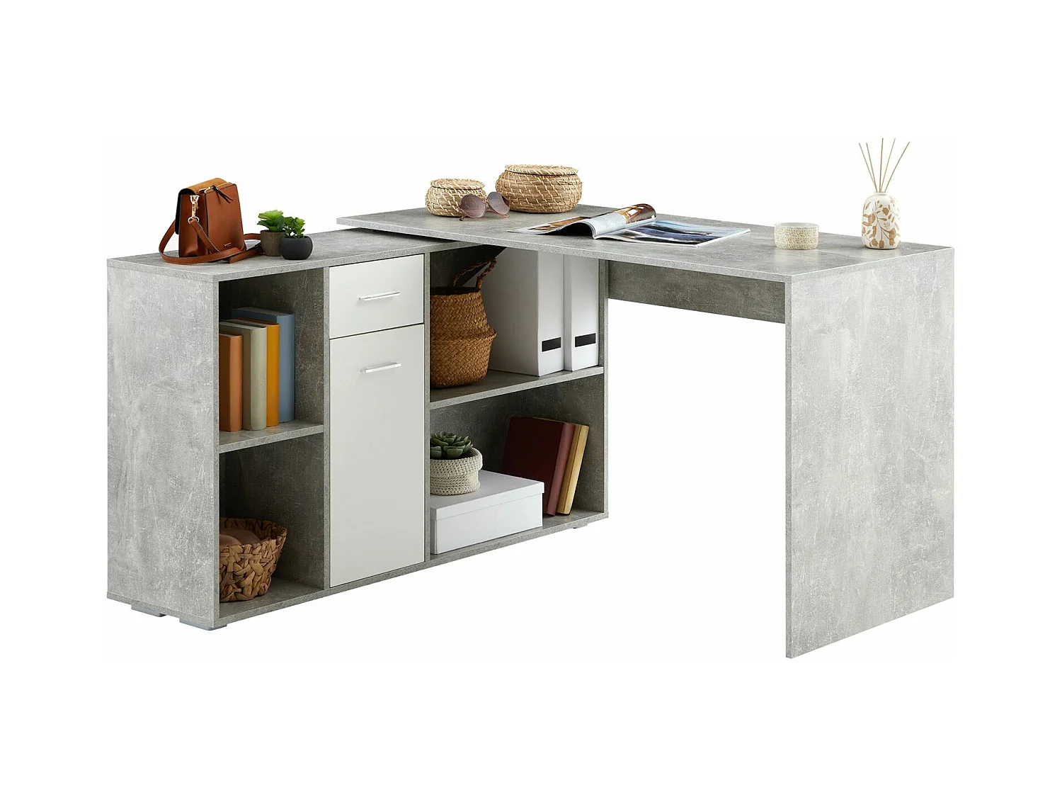 Bureau d'angle CARMEN avec meuble de rangement intégré 4 étagères 1 porte et 1 tiroir, décor béton et blanc mat
