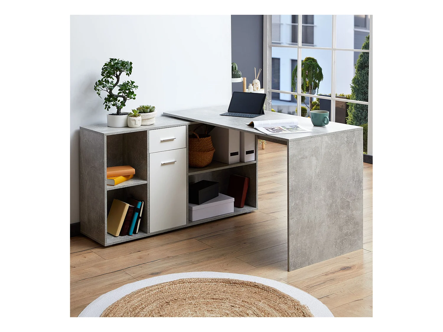 Bureau d'angle CARMEN avec meuble de rangement intégré 4 étagères 1 porte et 1 tiroir, décor béton et blanc mat