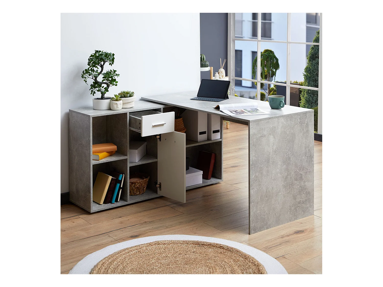 Bureau d'angle CARMEN avec meuble de rangement intégré 4 étagères 1 porte et 1 tiroir, décor béton et blanc mat