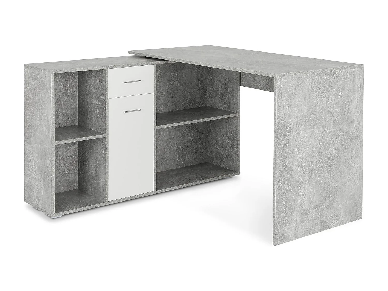 Bureau d'angle CARMEN avec meuble de rangement intégré 4 étagères 1 porte et 1 tiroir, décor béton et blanc mat