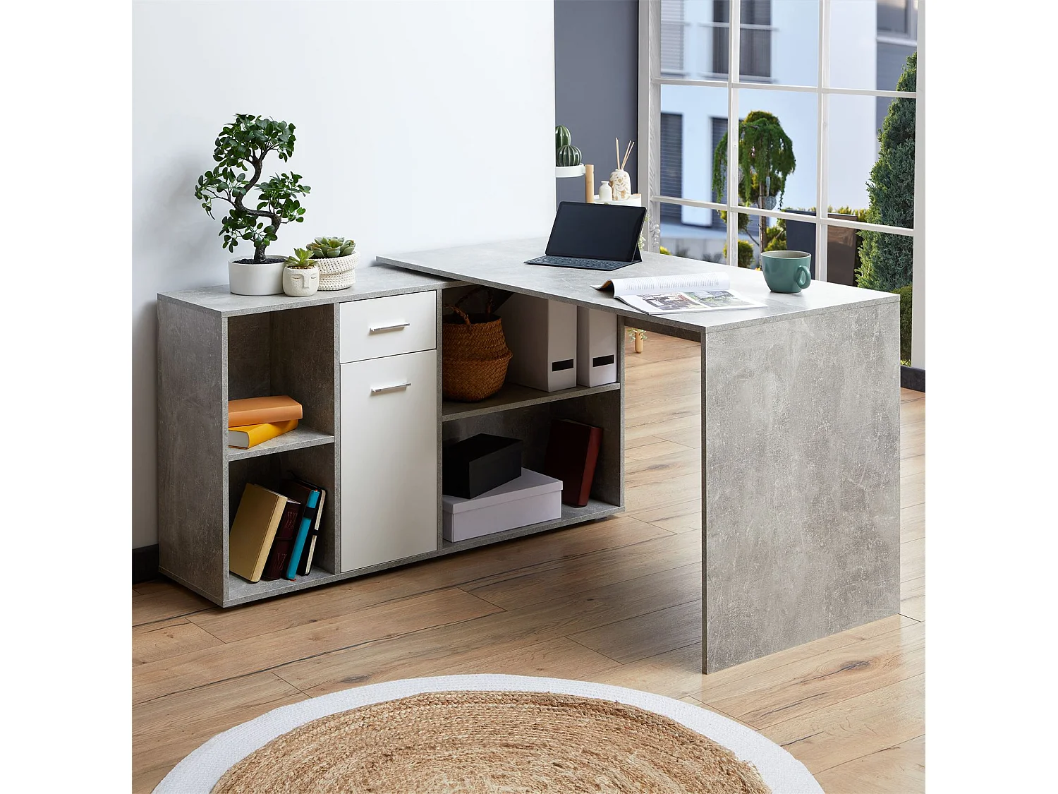 Bureau d'angle CARMEN avec meuble de rangement intégré 4 étagères 1 porte et 1 tiroir, décor béton et blanc mat