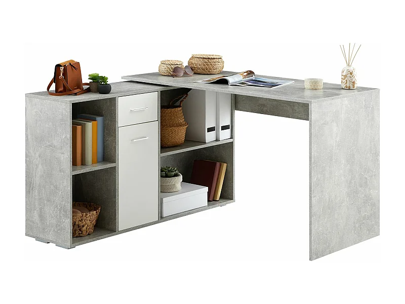 Bureau d'angle CARMEN avec meuble de rangement intégré 4 étagères 1 porte et 1 tiroir, décor béton et blanc mat