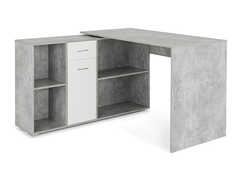 Bureau d'angle CARMEN avec meuble de rangement intégré 4 étagères 1 porte et 1 tiroir, décor béton et blanc mat