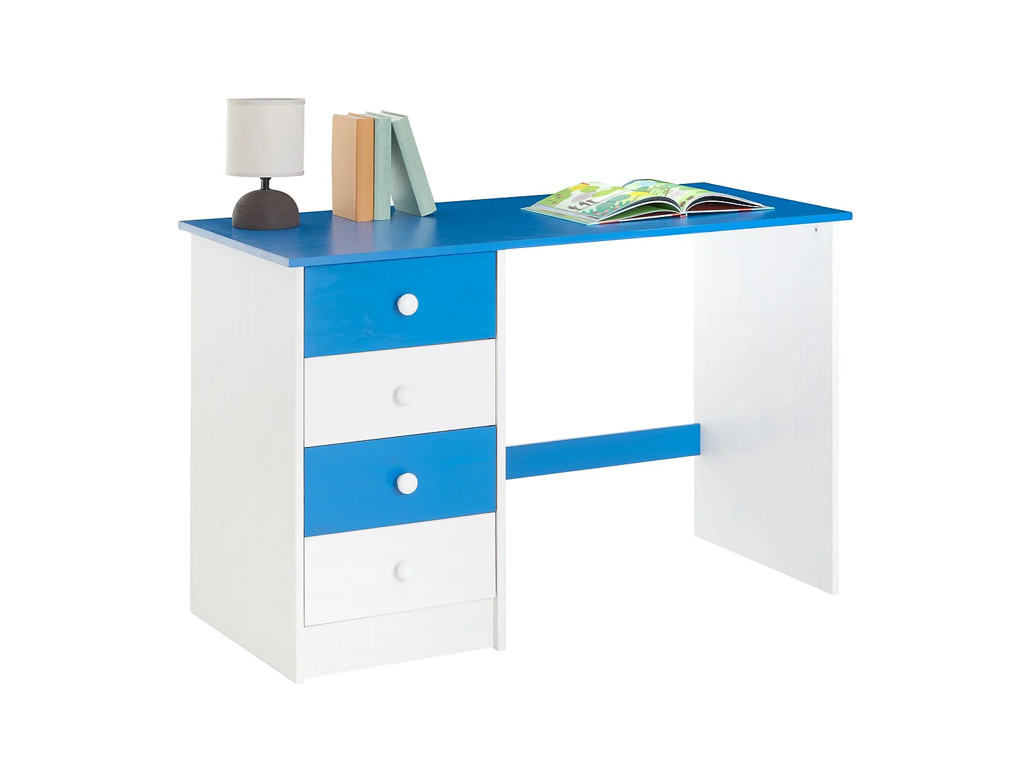 Bureau ARNE pour enfant ou adulte multi rangements, avec 4 tiroirs, en pin massif lasuré blanc et bleu