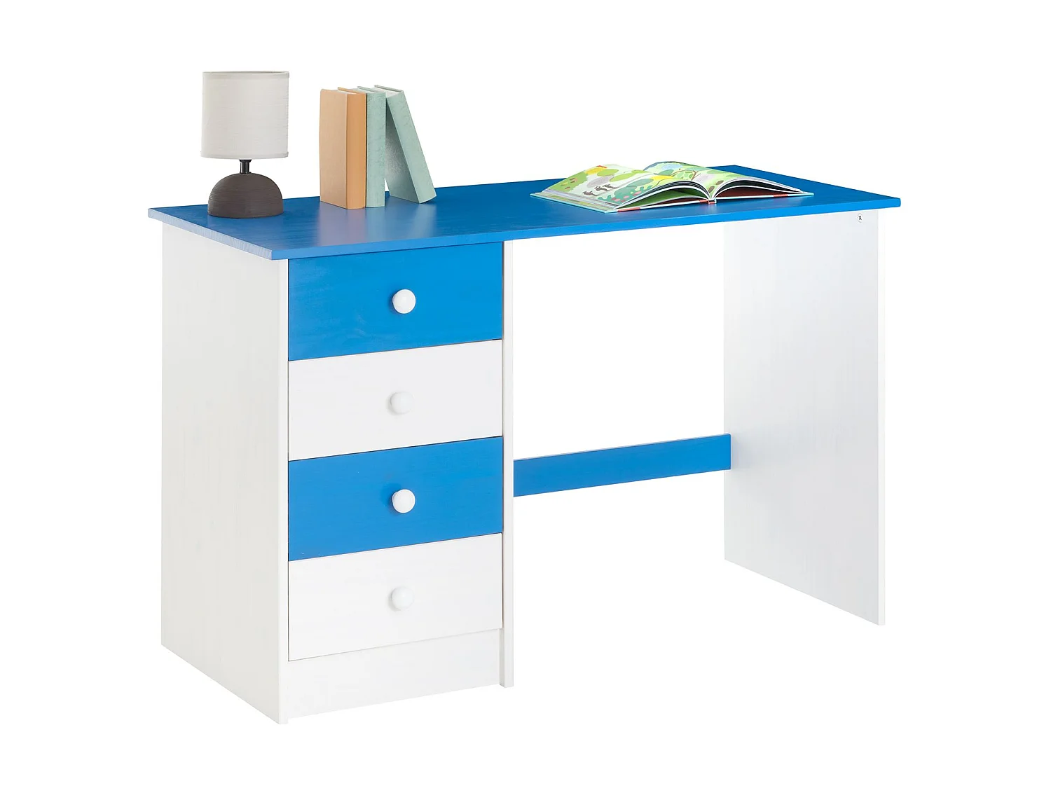 Bureau ARNE pour enfant ou adulte multi rangements, avec 4 tiroirs, en pin massif lasuré blanc et bleu