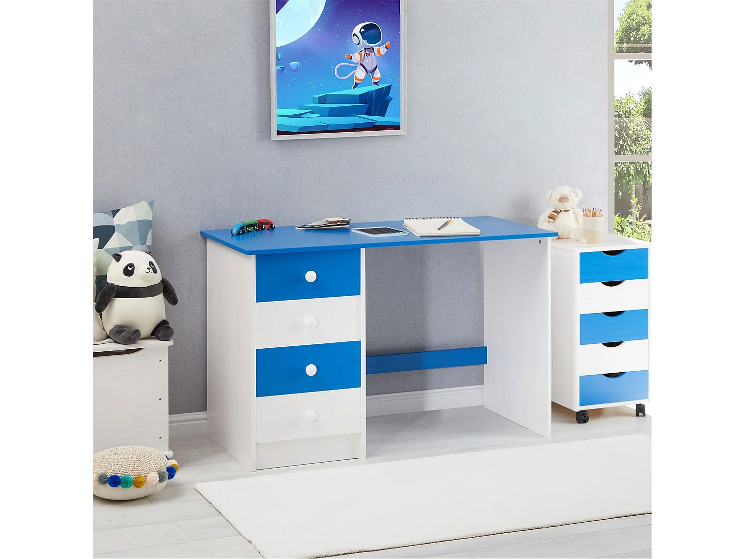 Bureau ARNE pour enfant ou adulte multi rangements, avec 4 tiroirs, en pin massif lasuré blanc et bleu