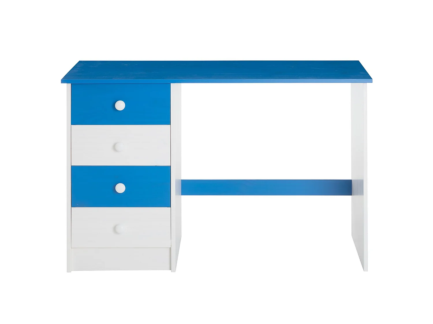 Bureau ARNE pour enfant ou adulte multi rangements, avec 4 tiroirs, en pin massif lasuré blanc et bleu