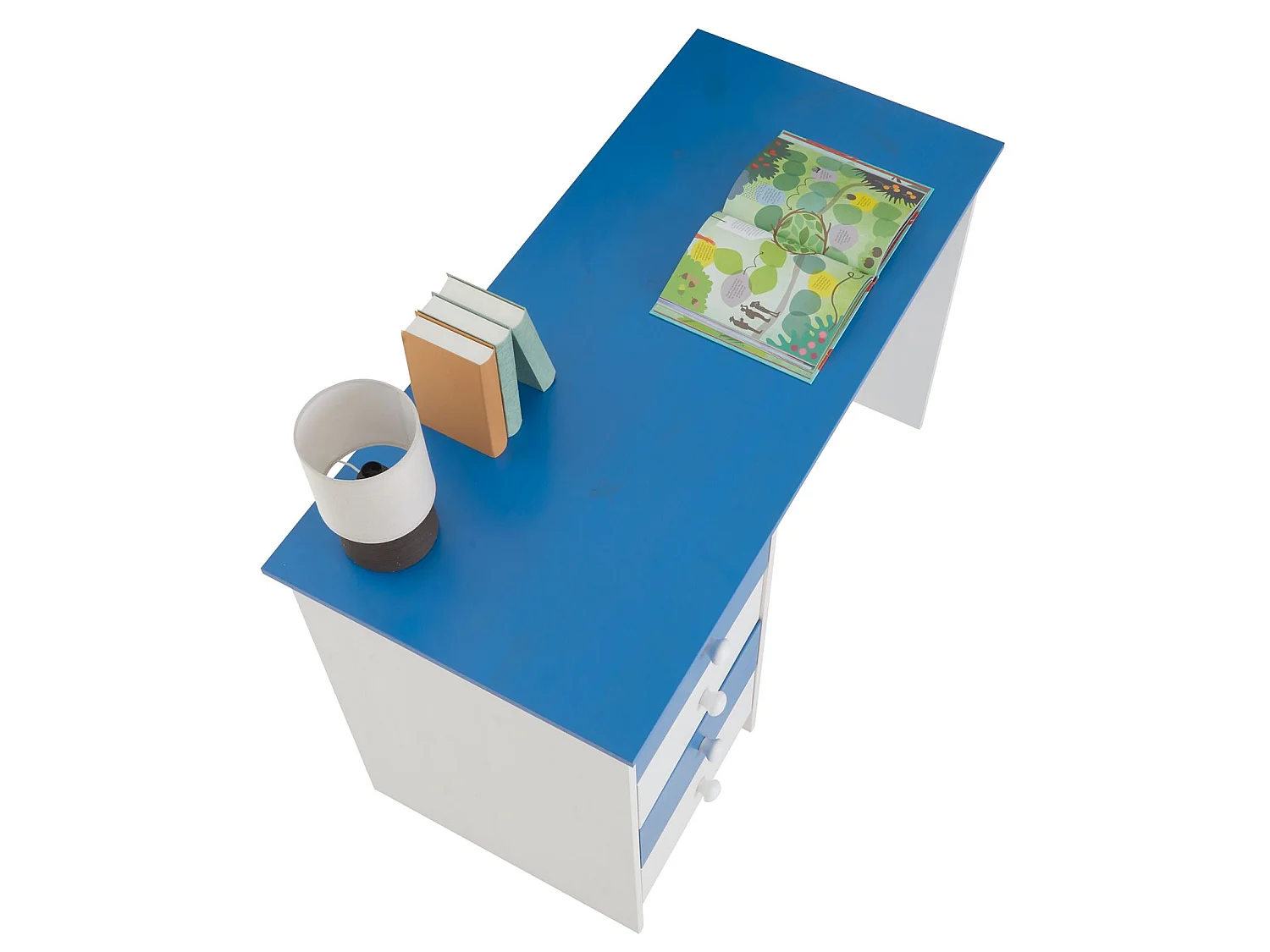Bureau ARNE pour enfant ou adulte multi rangements, avec 4 tiroirs, en pin massif lasuré blanc et bleu