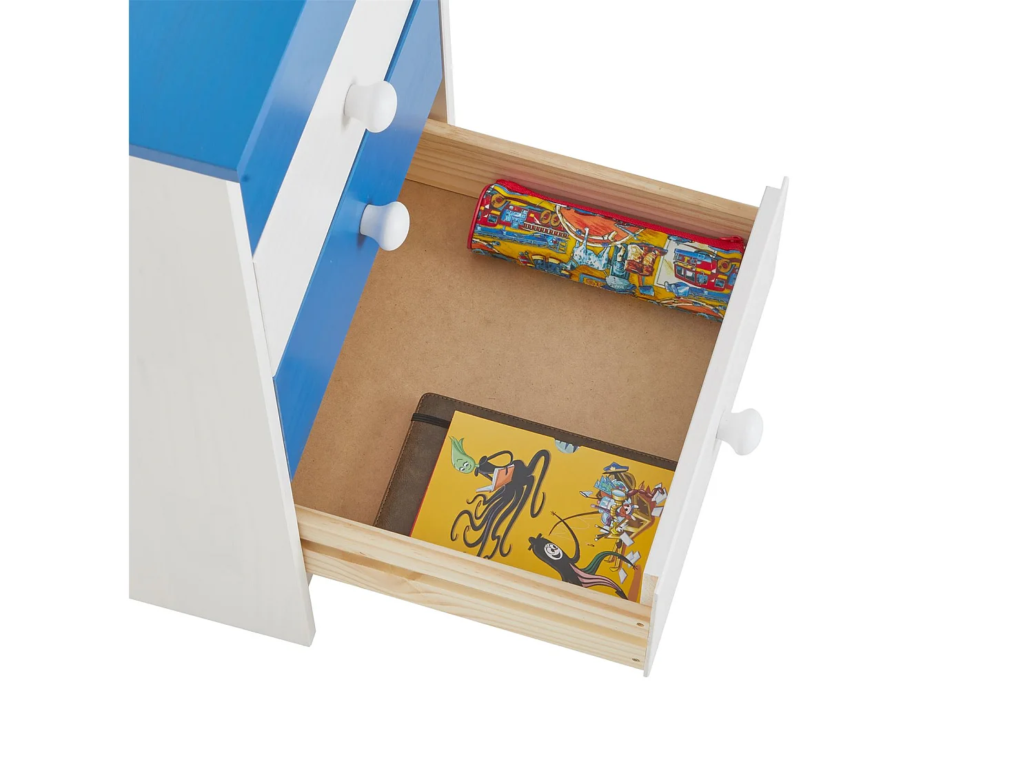 Bureau ARNE pour enfant ou adulte multi rangements, avec 4 tiroirs, en pin massif lasuré blanc et bleu