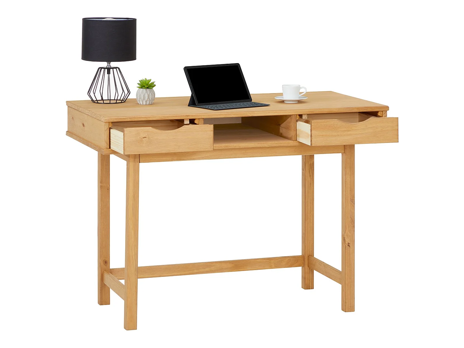 Bureau SALSA avec rangement 2 tiroirs et 1 niche, en pin massif à la finition teintée et cirée