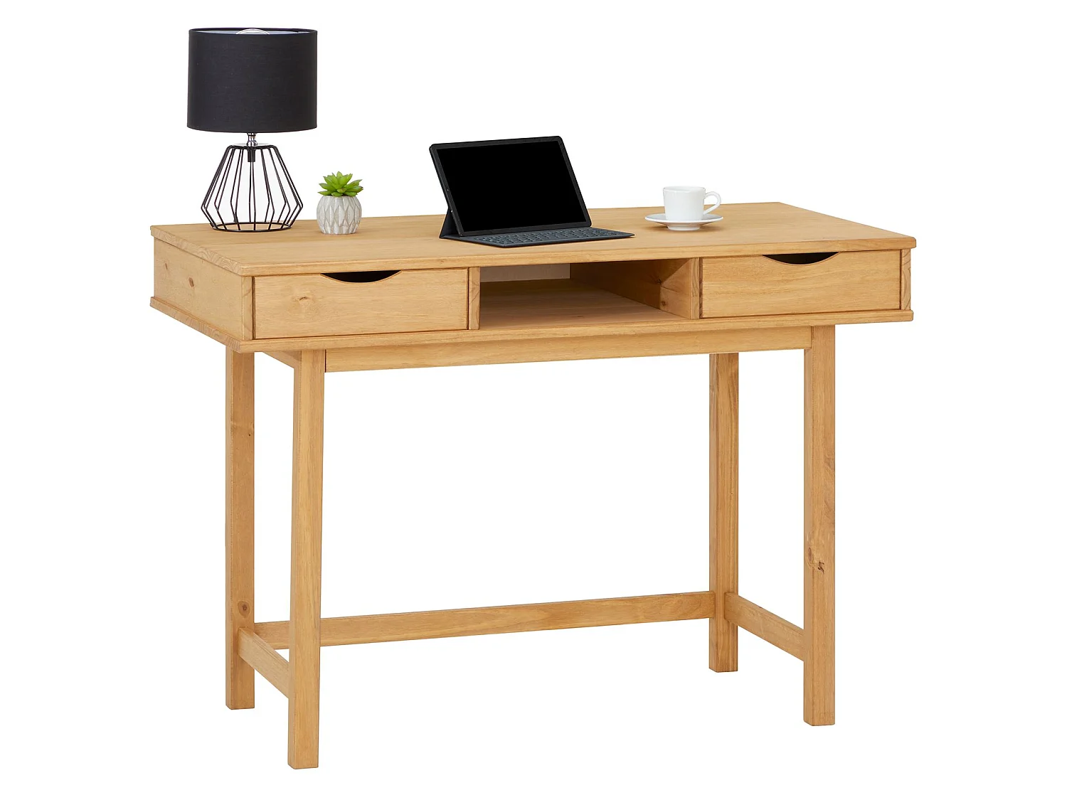 Bureau SALSA avec rangement 2 tiroirs et 1 niche, en pin massif à la finition teintée et cirée