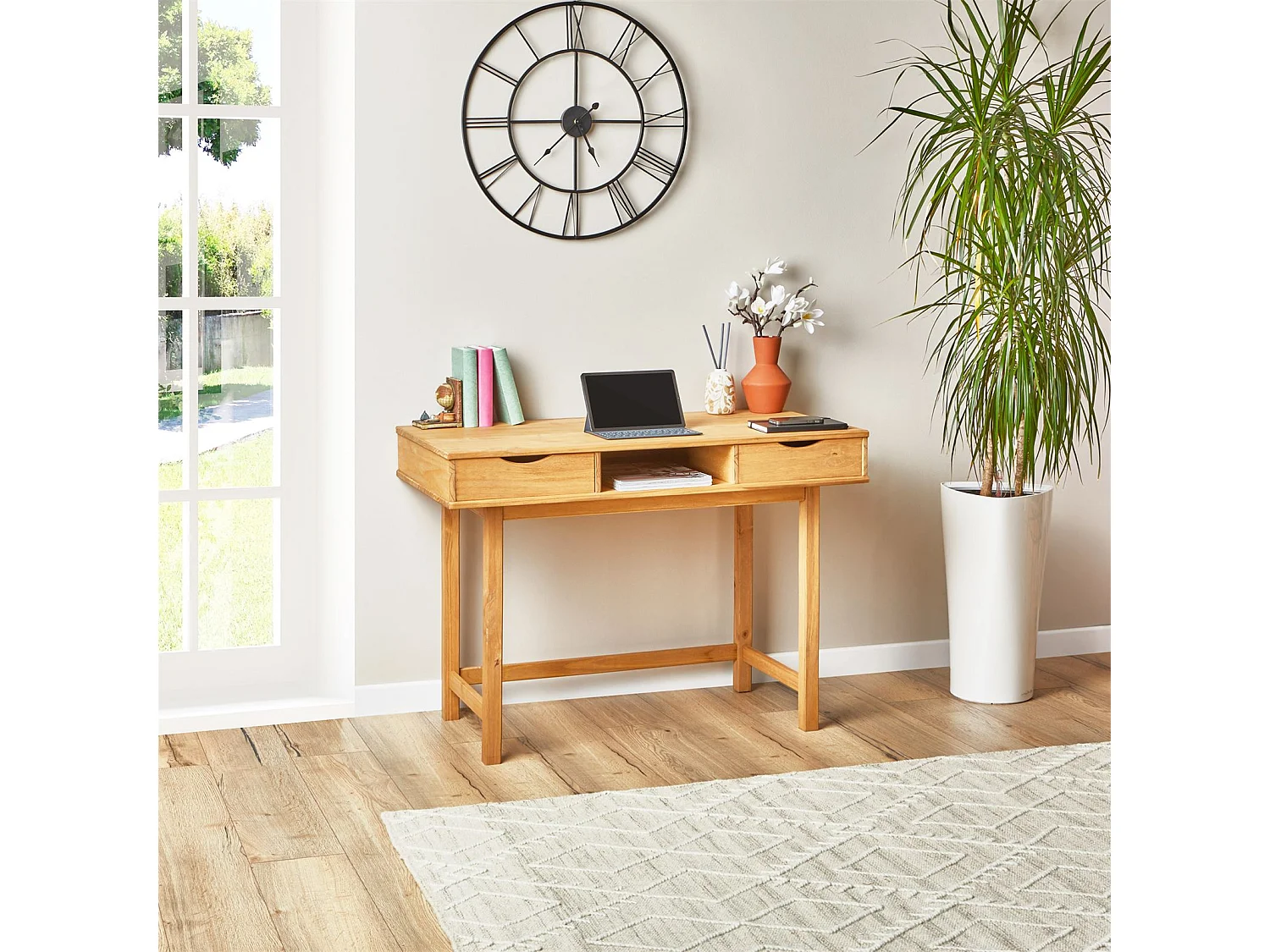 Bureau SALSA avec rangement 2 tiroirs et 1 niche, en pin massif à la finition teintée et cirée