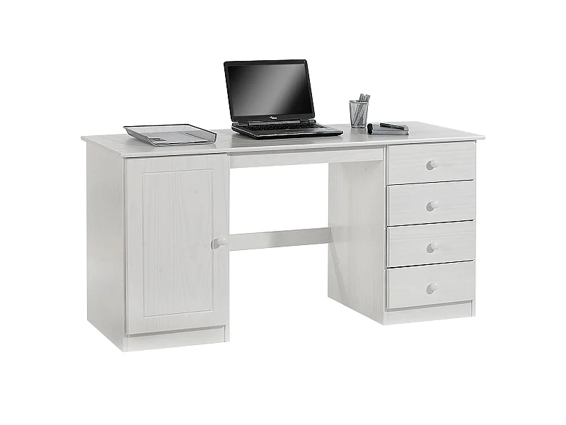 Bureau MANAGER L 145 cm en bois massif,  lasuré blanc, espace de rangement avec 4 tiroirs et 1 placard