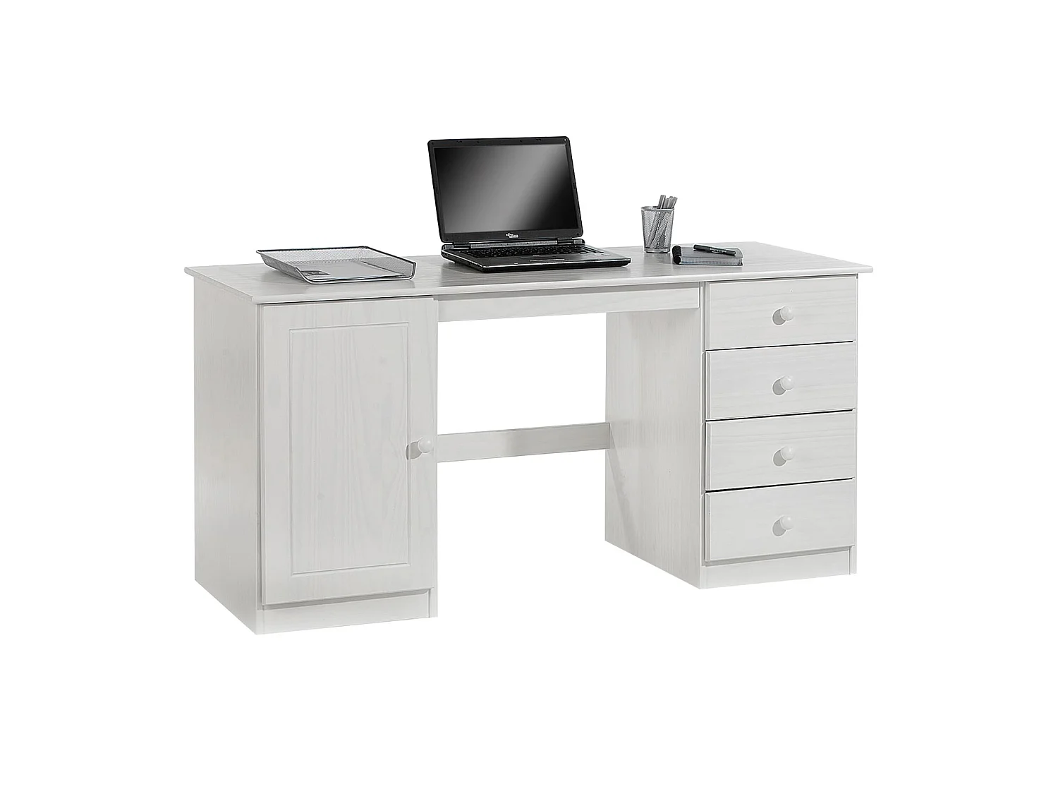 Bureau MANAGER L 145 cm en bois massif,  lasuré blanc, espace de rangement avec 4 tiroirs et 1 placard