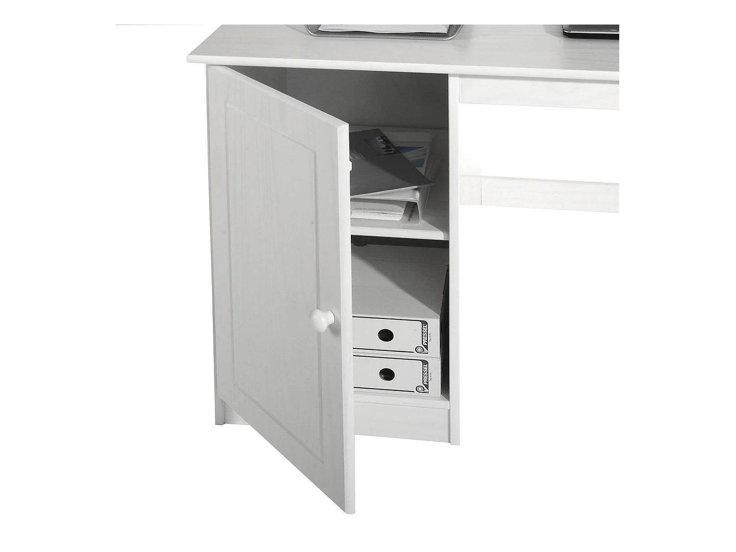 Bureau MANAGER L 145 cm en bois massif,  lasuré blanc, espace de rangement avec 4 tiroirs et 1 placard