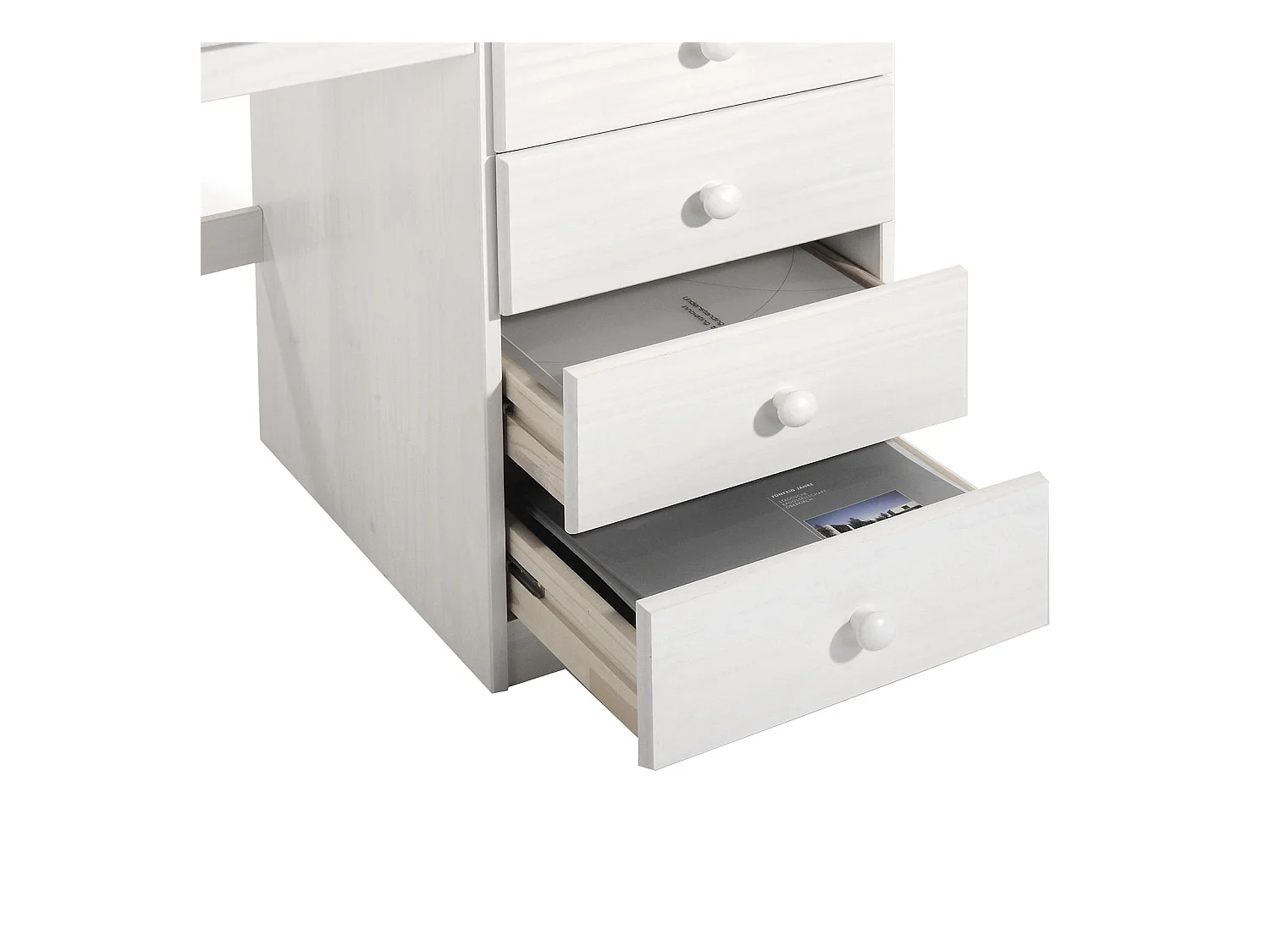 Bureau MANAGER L 145 cm en bois massif,  lasuré blanc, espace de rangement avec 4 tiroirs et 1 placard