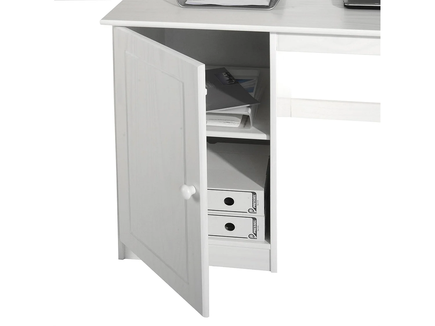 Bureau MANAGER L 145 cm en bois massif,  lasuré blanc, espace de rangement avec 4 tiroirs et 1 placard