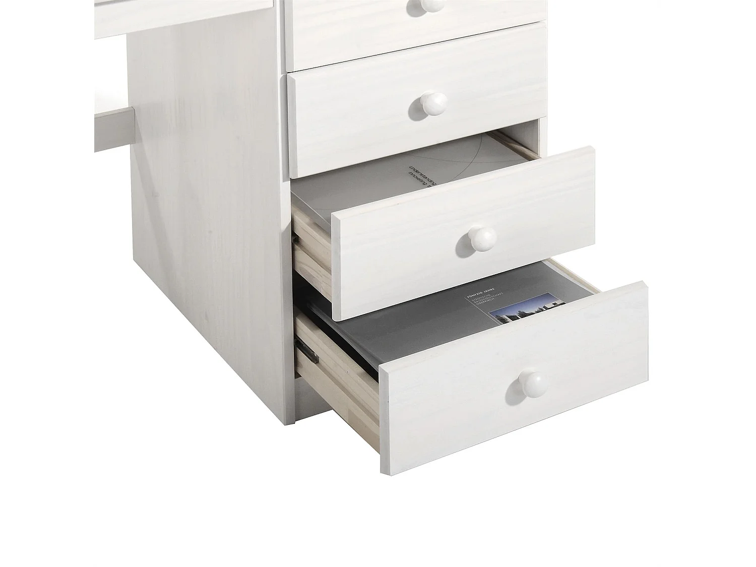 Bureau MANAGER L 145 cm en bois massif,  lasuré blanc, espace de rangement avec 4 tiroirs et 1 placard