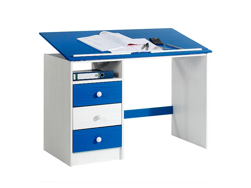 Bureau enfant écolier junior KEVIN pupitre inclinable avec 3 tiroirs 1 casier en pin massif lasuré blanc et bleu