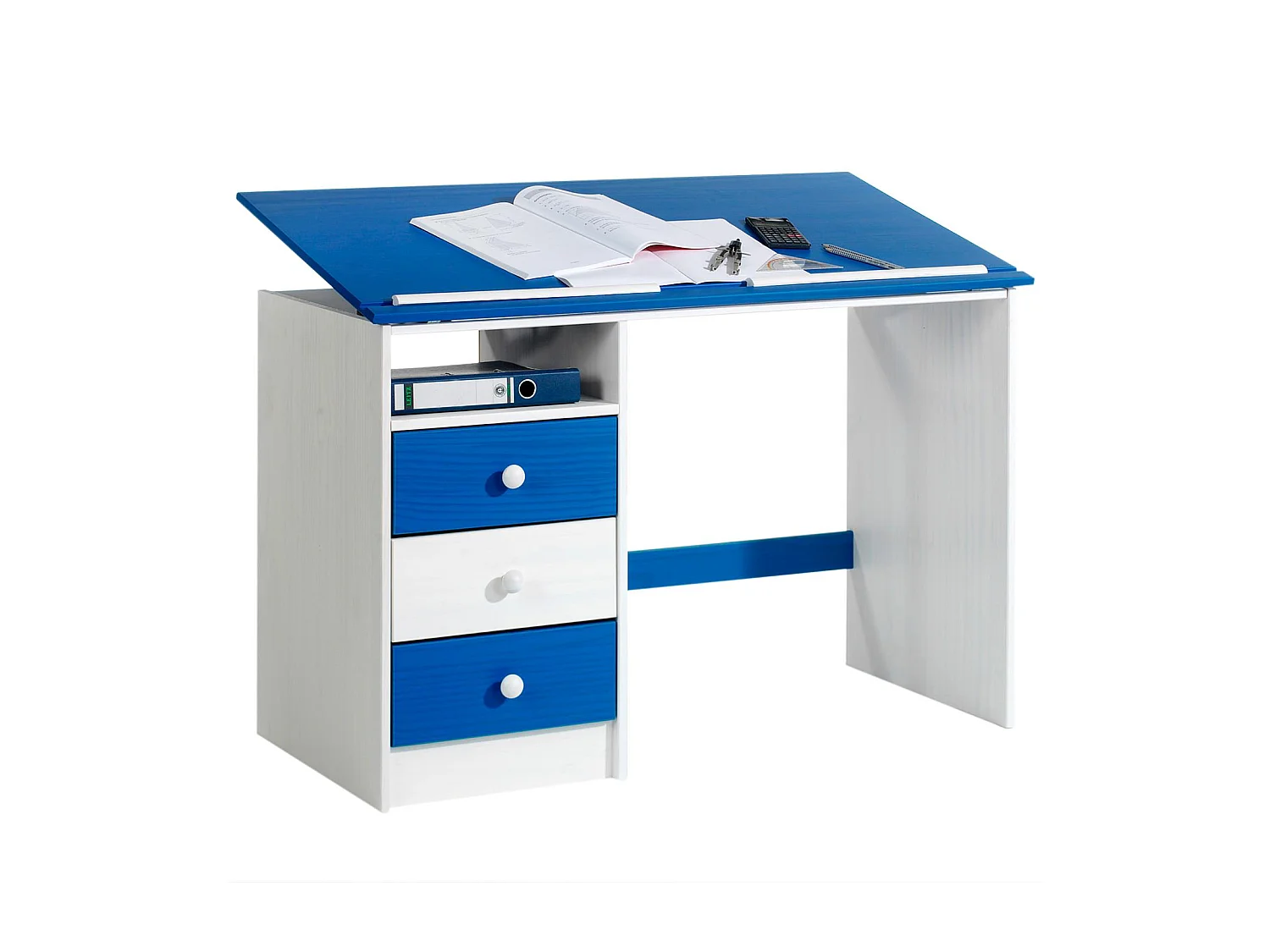 Bureau enfant écolier junior KEVIN pupitre inclinable avec 3 tiroirs 1 casier en pin massif lasuré blanc et bleu