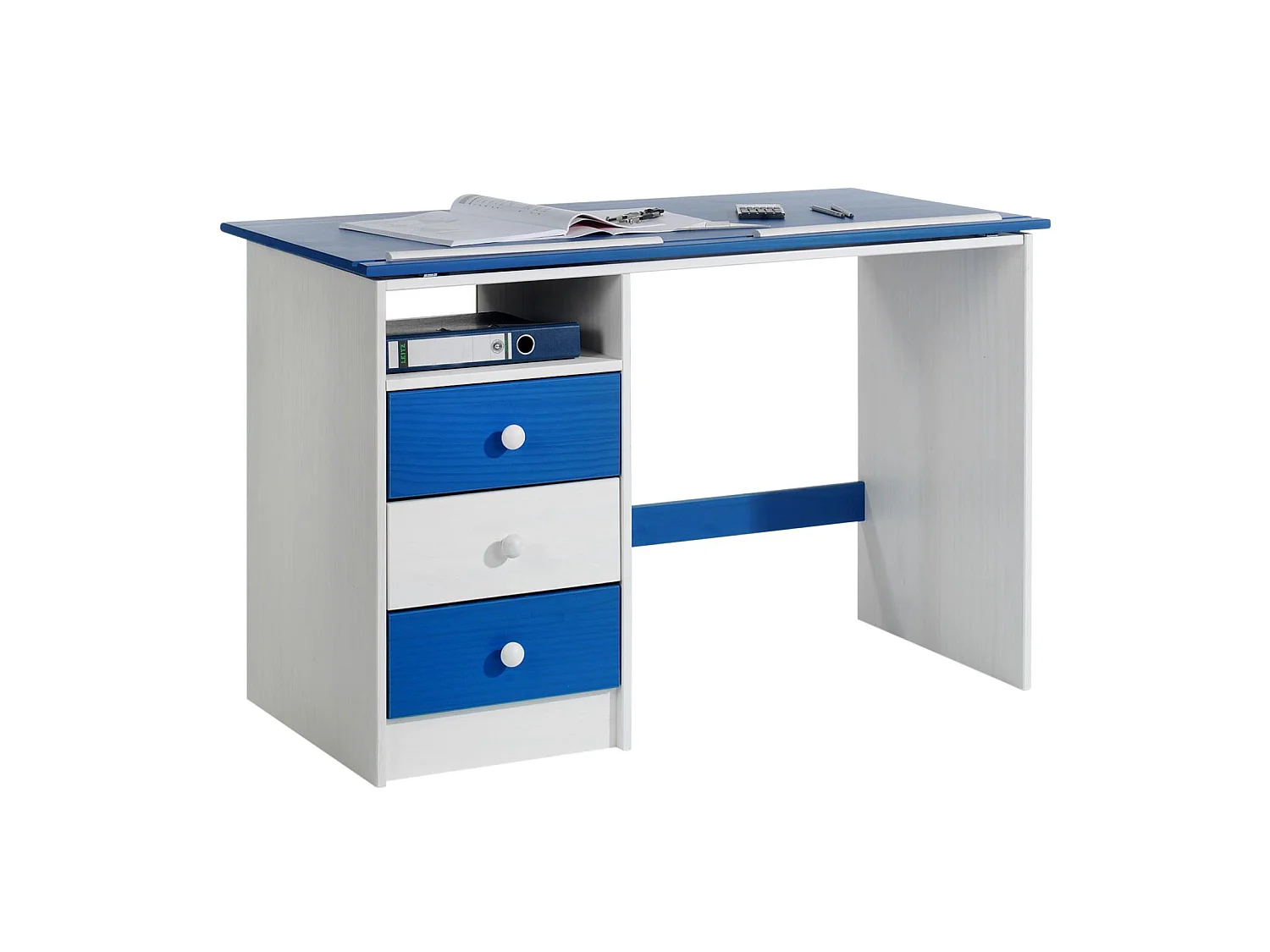 Bureau enfant écolier junior KEVIN pupitre inclinable avec 3 tiroirs 1 casier en pin massif lasuré blanc et bleu